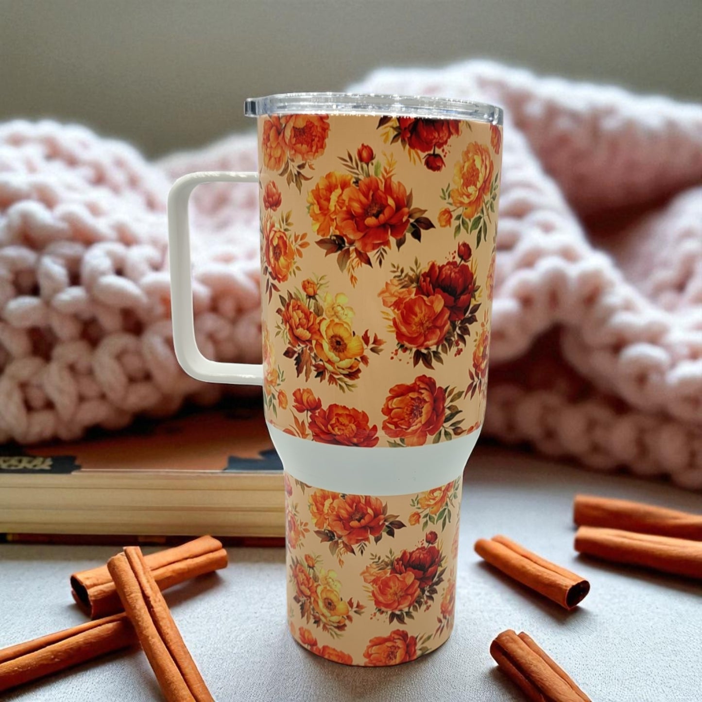 feminine floral durable stainless steel tumbler with lid and handle for fall