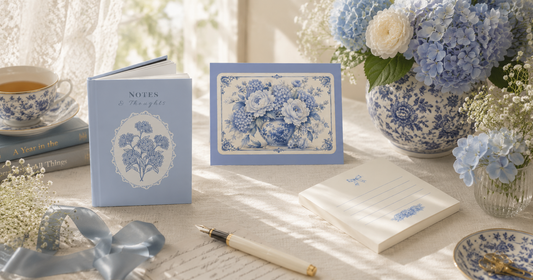 Floral stationery collection featuring a blue hardcover journal, greeting card, sticky notes, fountain pen, and blue hydrangeas on an elegant vintage-inspired writing desk.