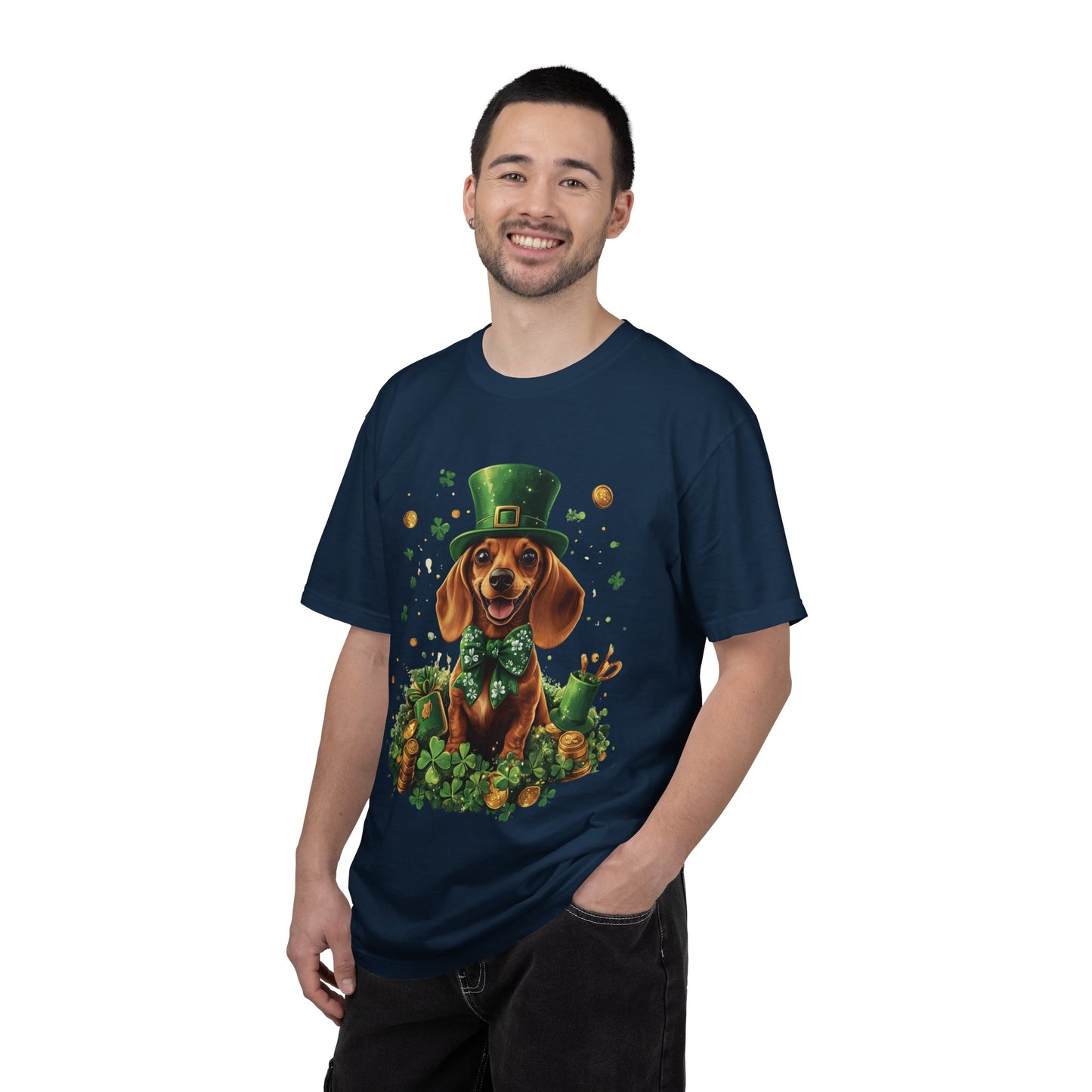 St. Patrick’s Dachshund T-Shirt — Lucky Pup with Shamrocks & Gold