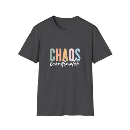 Dark Heather Grey t-shirt with colorful 'CHAOS coordinator' text preliminary school teacher gift