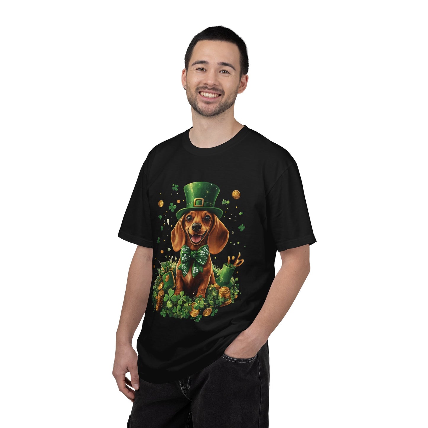 St. Patrick’s Dachshund T-Shirt — Lucky Pup with Shamrocks & Gold