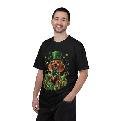 St. Patrick’s Dachshund T-Shirt — Lucky Pup with Shamrocks & Gold