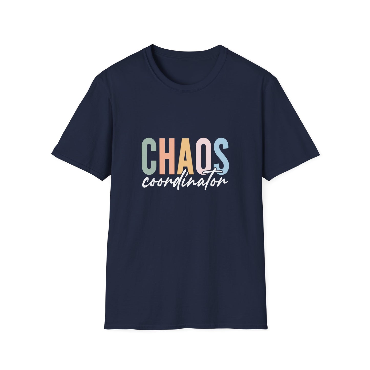 Navy t-shirt with colorful 'CHAOS coordinator' text preliminary school teacher gift