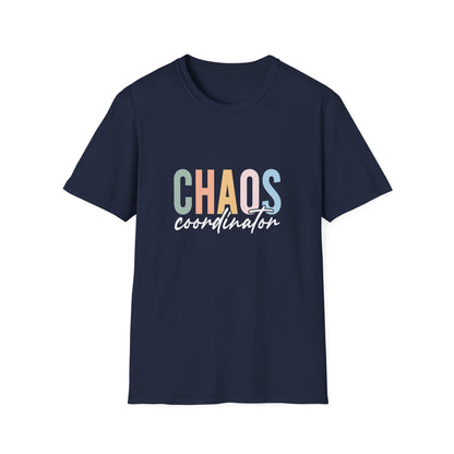 Navy t-shirt with colorful 'CHAOS coordinator' text preliminary school teacher gift