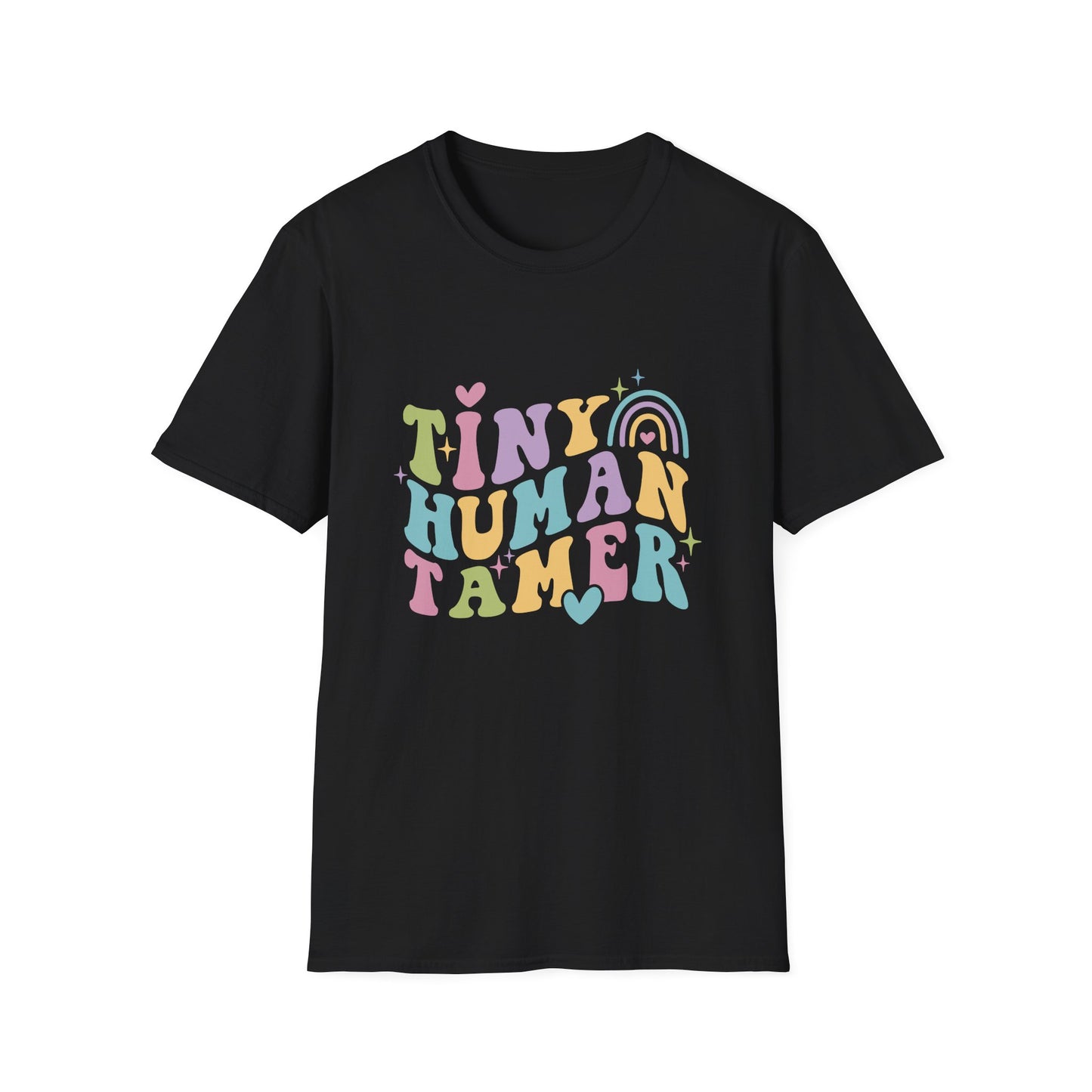 Black t-shirt with text Tiny Human Tamer gift for Kindergarten teacher