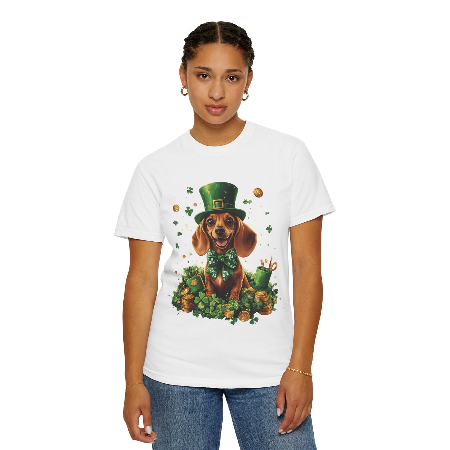 St. Patrick’s Dachshund T-Shirt — Lucky Pup with Shamrocks & Gold