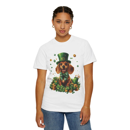 St. Patrick’s Dachshund T-Shirt — Lucky Pup with Shamrocks & Gold