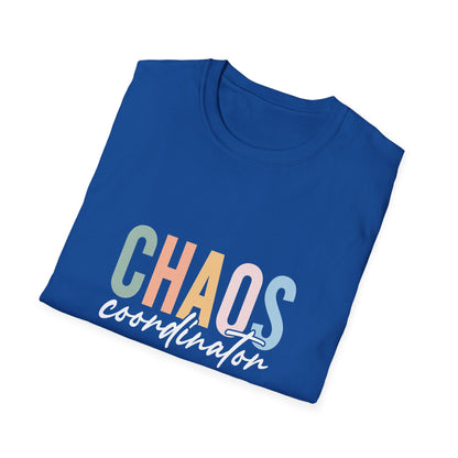 Royal t-shirt with colorful 'CHAOS coordinator' text preliminary school teacher gift