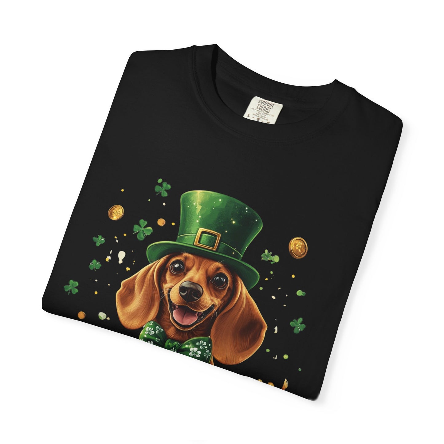 St. Patrick’s Dachshund T-Shirt — Lucky Pup with Shamrocks & Gold