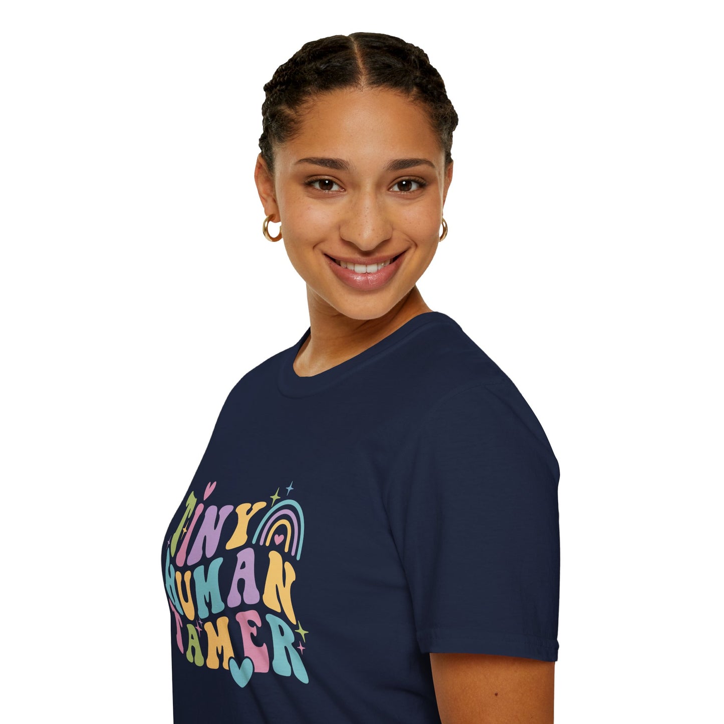 Navy t-shirt with text Tiny Human Tamer gift for Kindergarten teacher