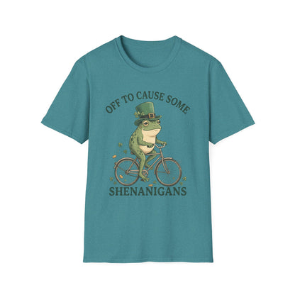 Shenanigans Frog Bike T-Shirt — "Off to Cause Some Shenanigans" St. Patrick’s Day Tee