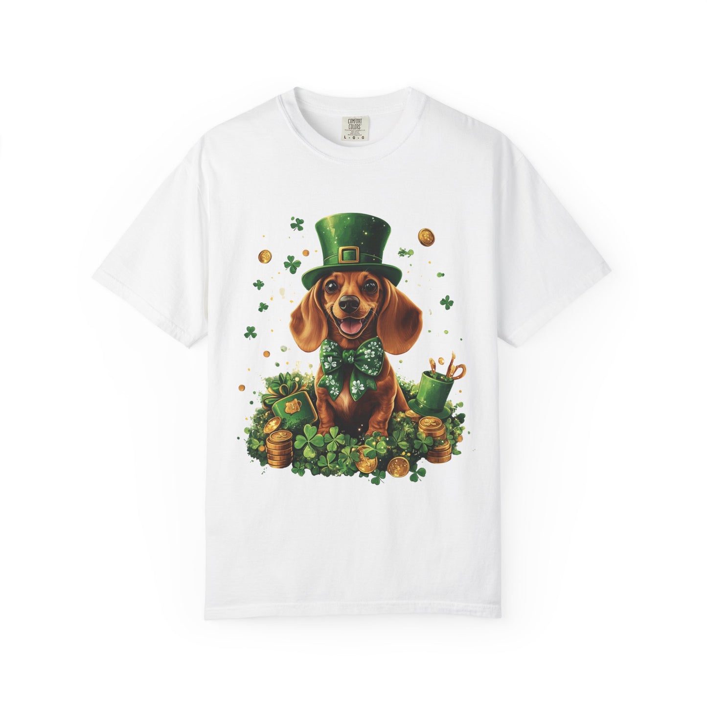 St. Patrick’s Dachshund T-Shirt — Lucky Pup with Shamrocks & Gold