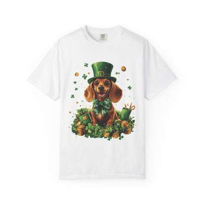 St. Patrick’s Dachshund T-Shirt — Lucky Pup with Shamrocks & Gold