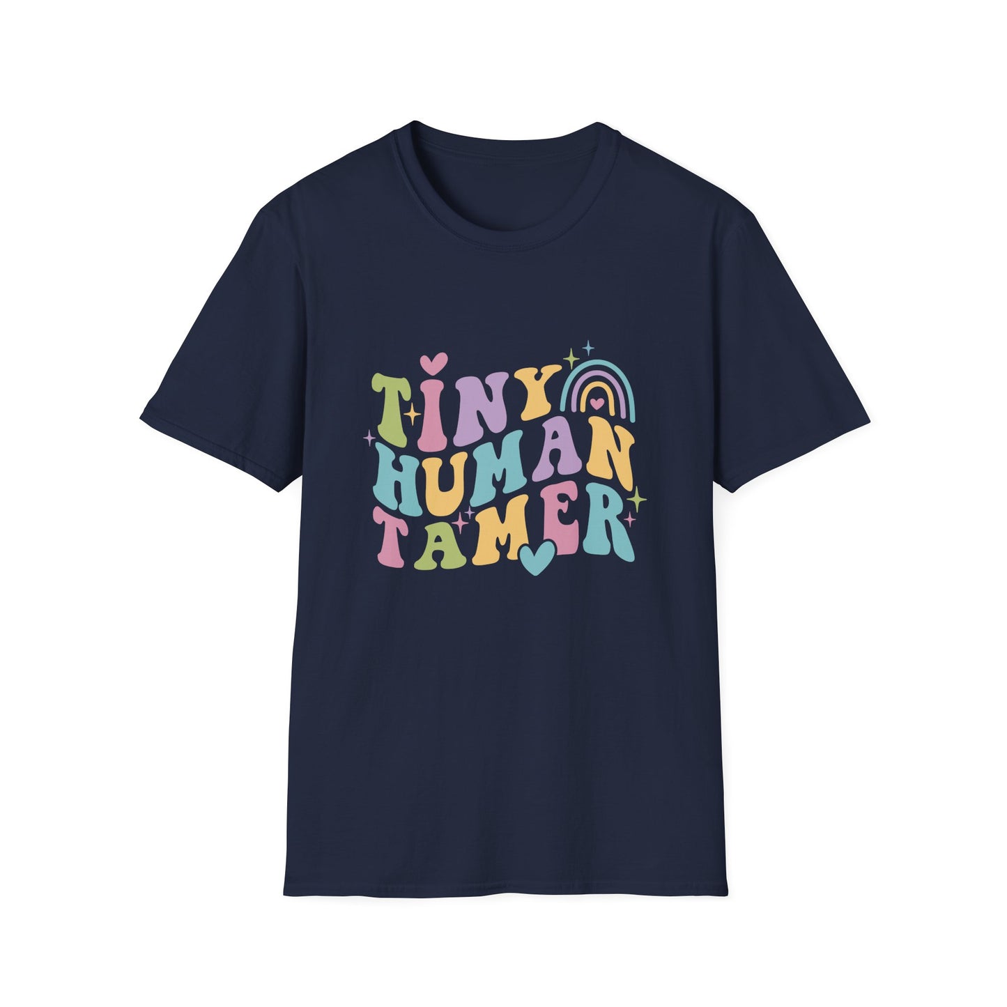 Navy t-shirt with text Tiny Human Tamer gift for Kindergarten teacher