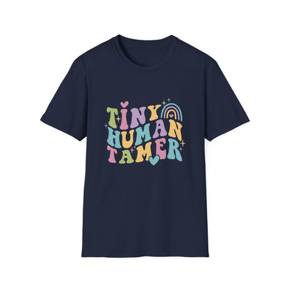 Navy t-shirt with text Tiny Human Tamer gift for Kindergarten teacher