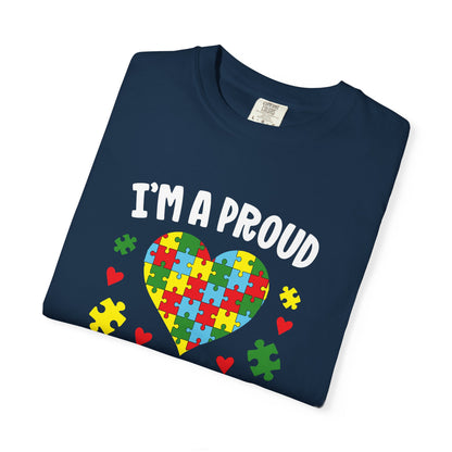 True Navy t-shirt with text I am a proud Autism Grandma and graphic of colorful puzzle heart
