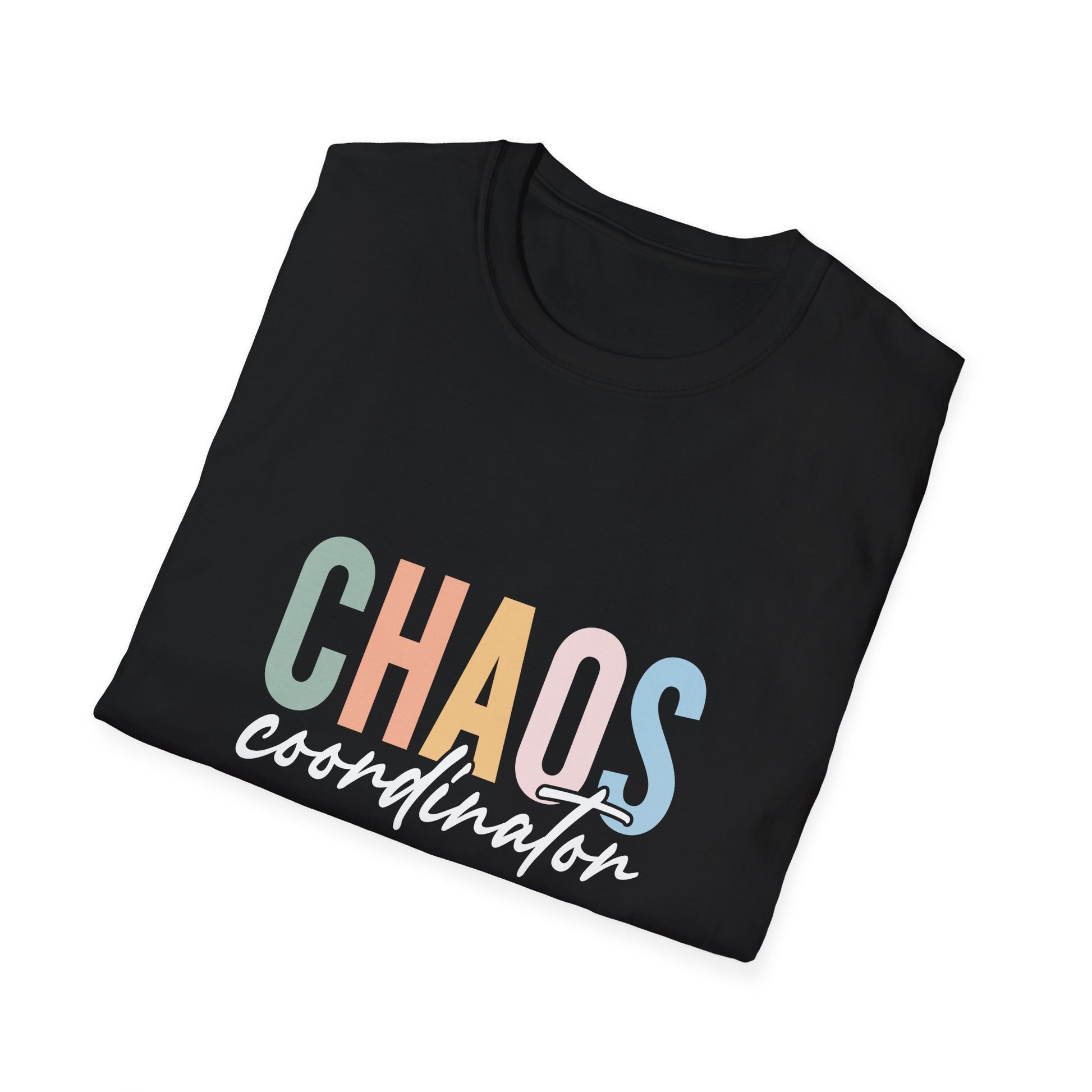 Black t-shirt with colorful 'CHAOS coordinator' text preliminary school teacher gift