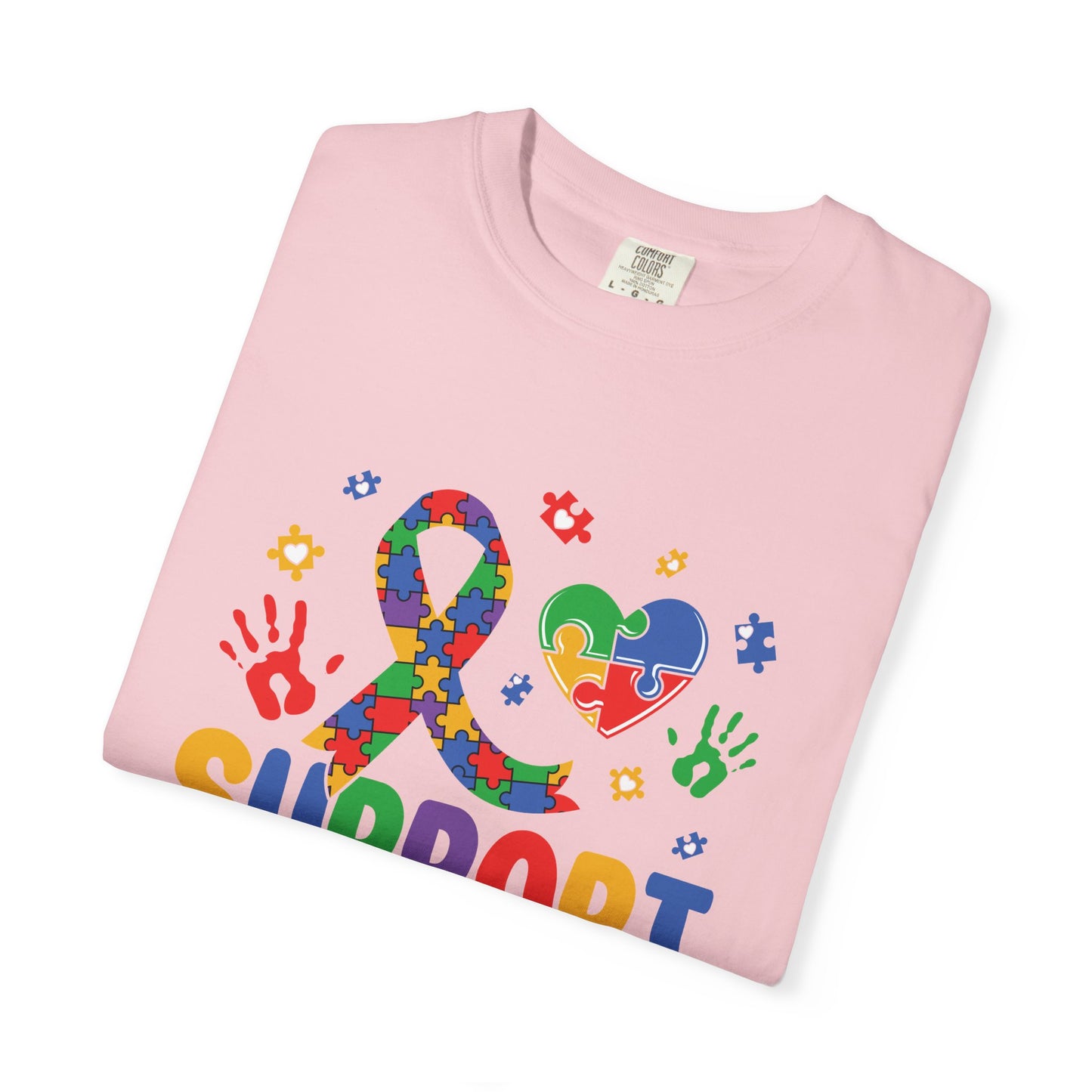 Blossom Autism Support Squad t-shirt with colorful puzzle ribbon and heart