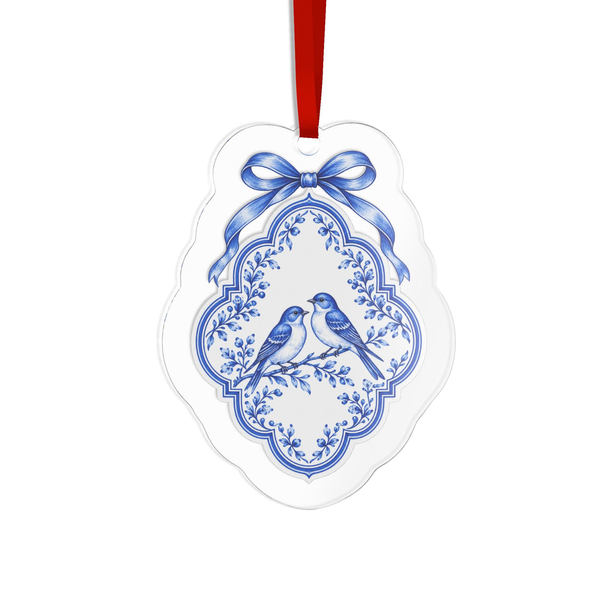Blue and White Christmas Ornament | Porcelain-Style Bird Acrylic Holiday Ornament