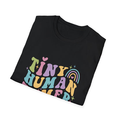 Black t-shirt with text Tiny Human Tamer gift for Kindergarten teacher