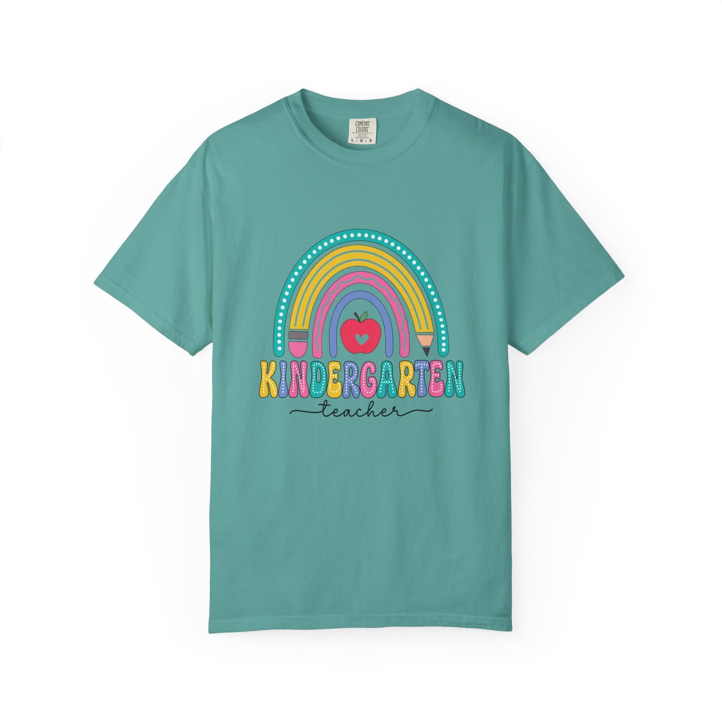 Seafoam t-shirt with rainbow, pencil and apple design, labeled 'Kindergarten teacher' ideal gift for teacher appreciation