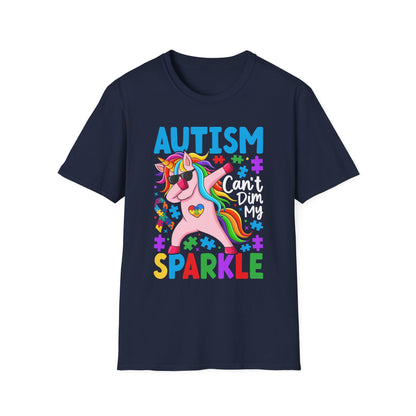 Navy Blue Autism Sparkle t-shirt with colorful puzzle and unicorn