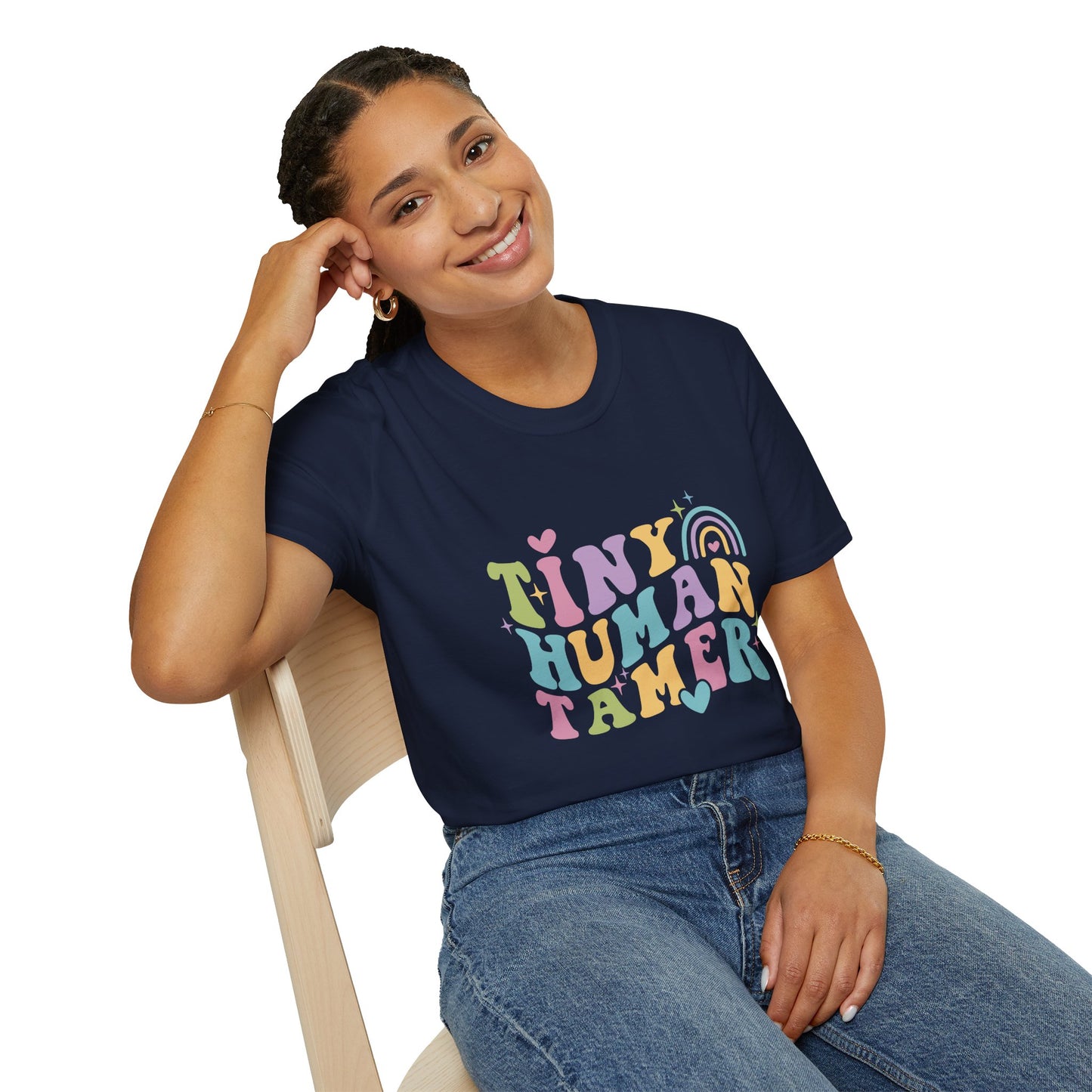 Navy t-shirt with text Tiny Human Tamer gift for Kindergarten teacher