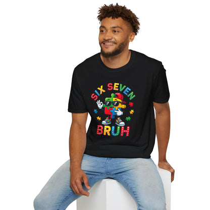Black Autism Awareness t-shirt 6 7 meme style with colorful puzzle character in sunglasses and Six Seven text
