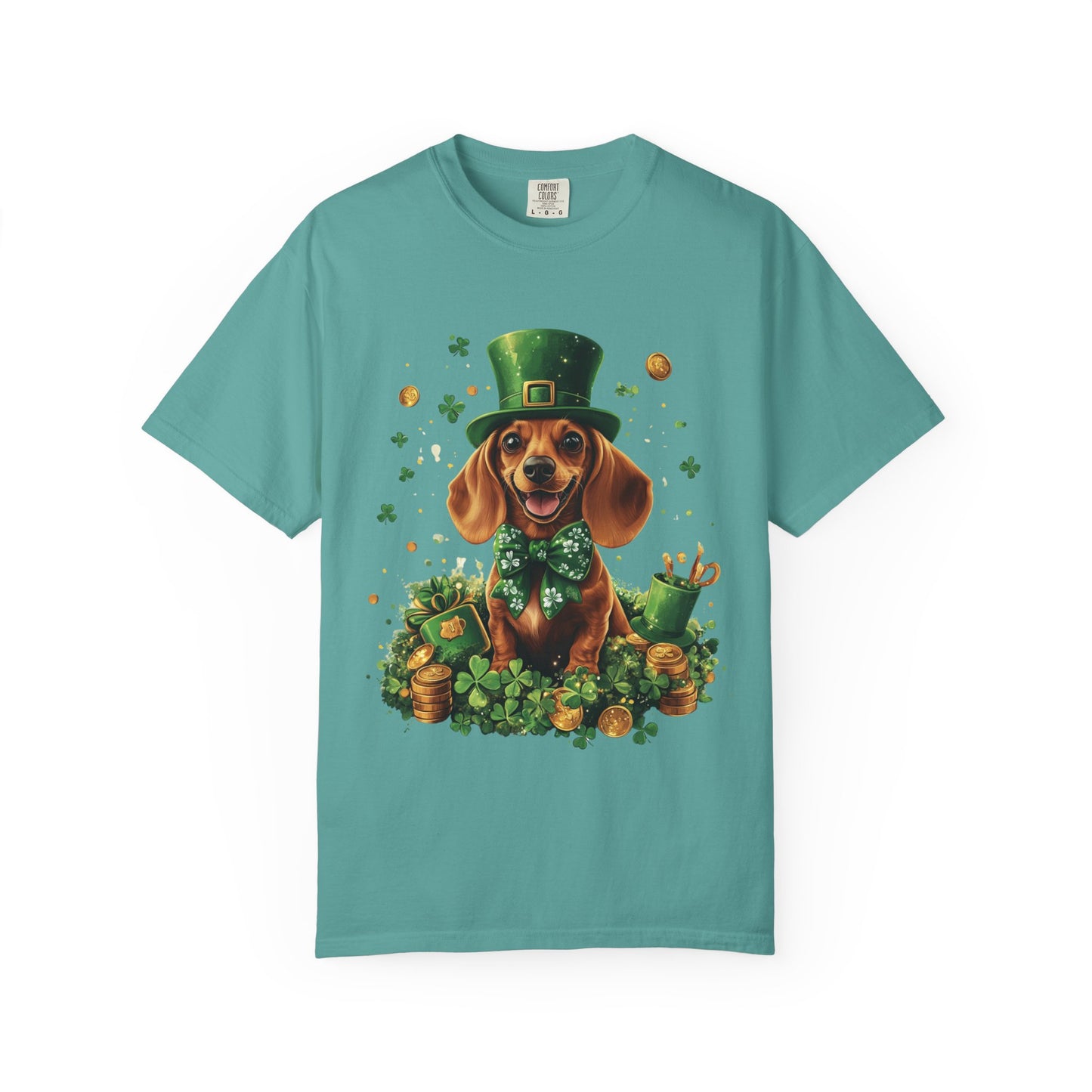 St. Patrick’s Dachshund T-Shirt — Lucky Pup with Shamrocks & Gold