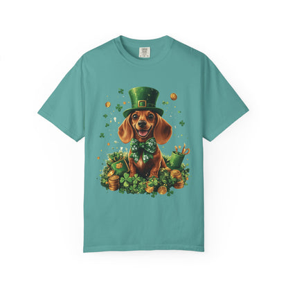 St. Patrick’s Dachshund T-Shirt — Lucky Pup with Shamrocks & Gold