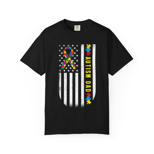 Black Autism Dad Flag Puzzle Ribbon Support T-Shirt