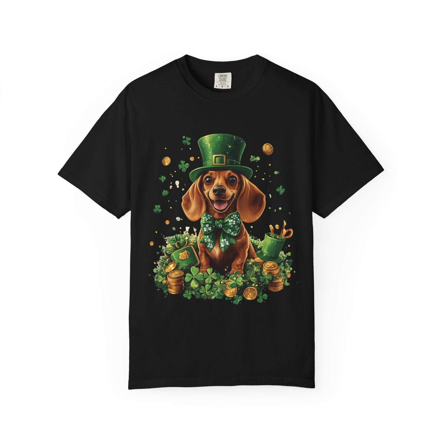St. Patrick’s Dachshund T-Shirt — Lucky Pup with Shamrocks & Gold