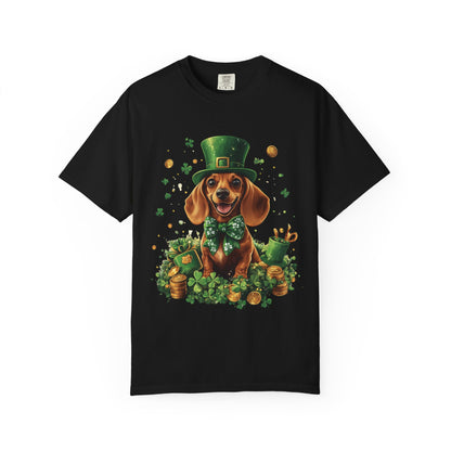 St. Patrick’s Dachshund T-Shirt — Lucky Pup with Shamrocks & Gold