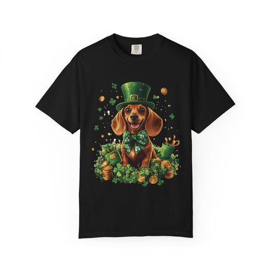 St. Patrick’s Dachshund T-Shirt — Lucky Pup with Shamrocks & Gold