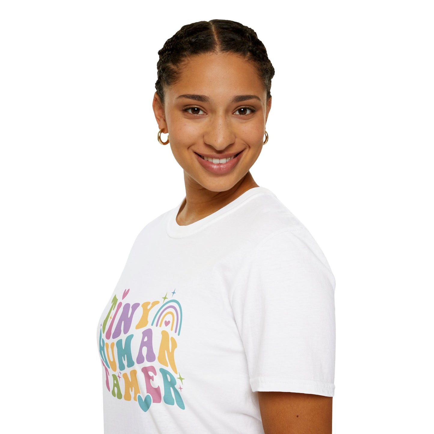 White t-shirt with text Tiny Human Tamer gift for Kindergarten teacher