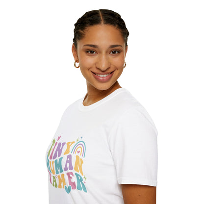 White t-shirt with text Tiny Human Tamer gift for Kindergarten teacher