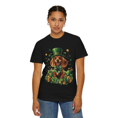 St. Patrick’s Dachshund T-Shirt — Lucky Pup with Shamrocks & Gold