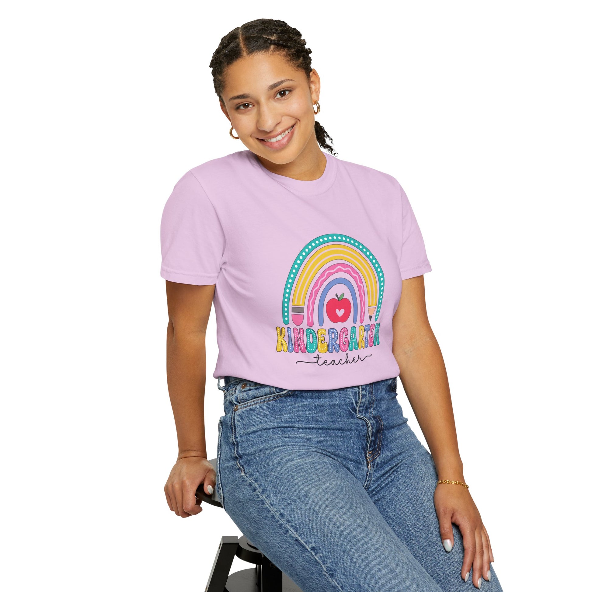 Orchid t-shirt with rainbow, pencil and apple design, labeled 'Kindergarten teacher' ideal gift for teacher appreciation