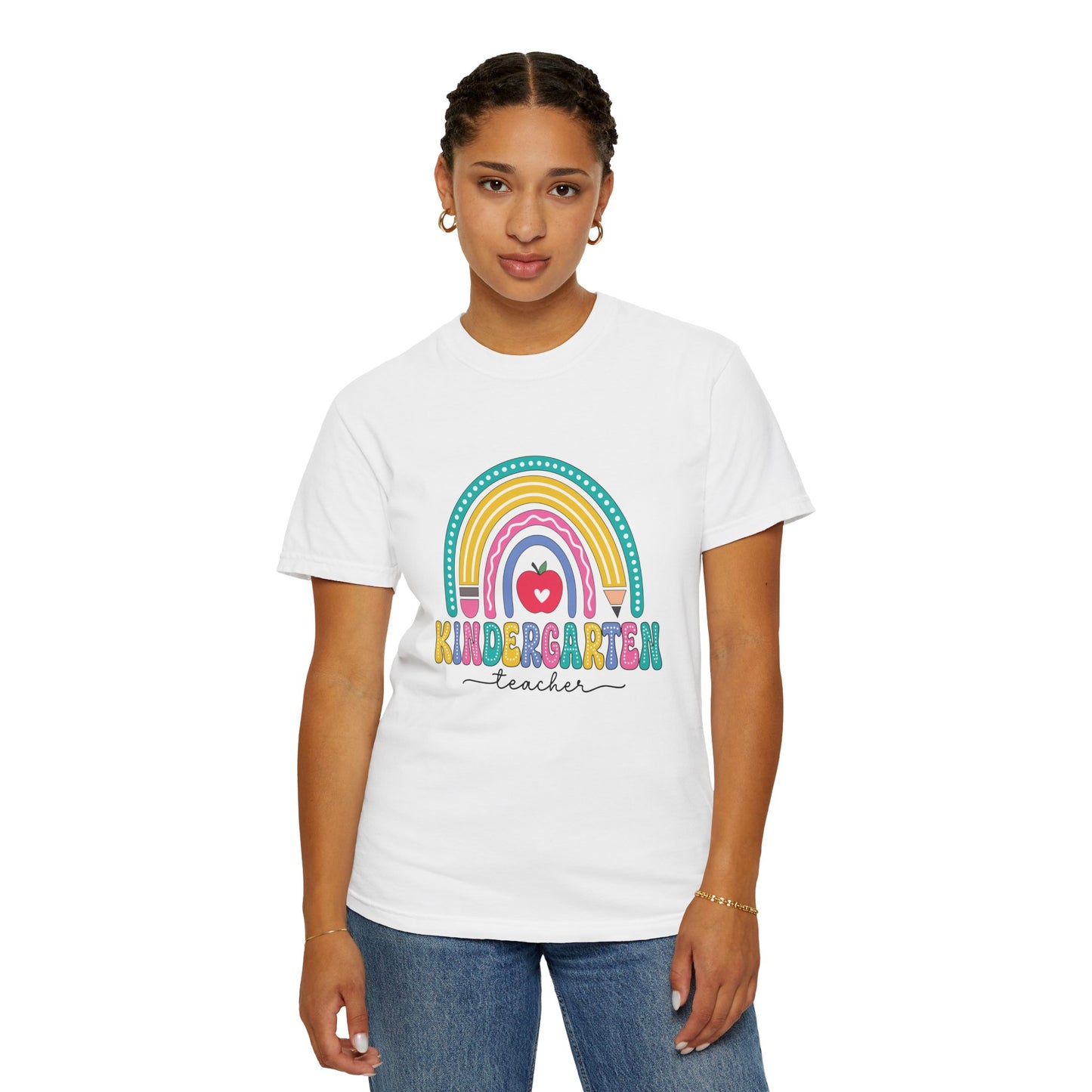 White t-shirt with rainbow, pencil and apple design, labeled 'Kindergarten teacher' ideal gift for teacher appreciation