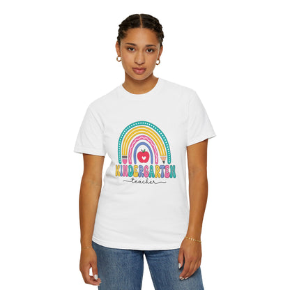 White t-shirt with rainbow, pencil and apple design, labeled 'Kindergarten teacher' ideal gift for teacher appreciation