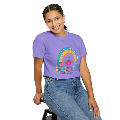 Violet t-shirt with rainbow, pencil and apple design, labeled 'Kindergarten teacher' ideal gift for teacher appreciation