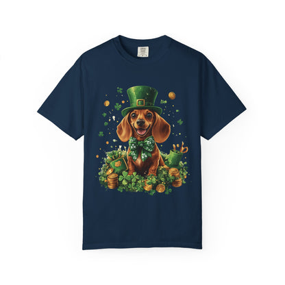 St. Patrick’s Dachshund T-Shirt — Lucky Pup with Shamrocks & Gold