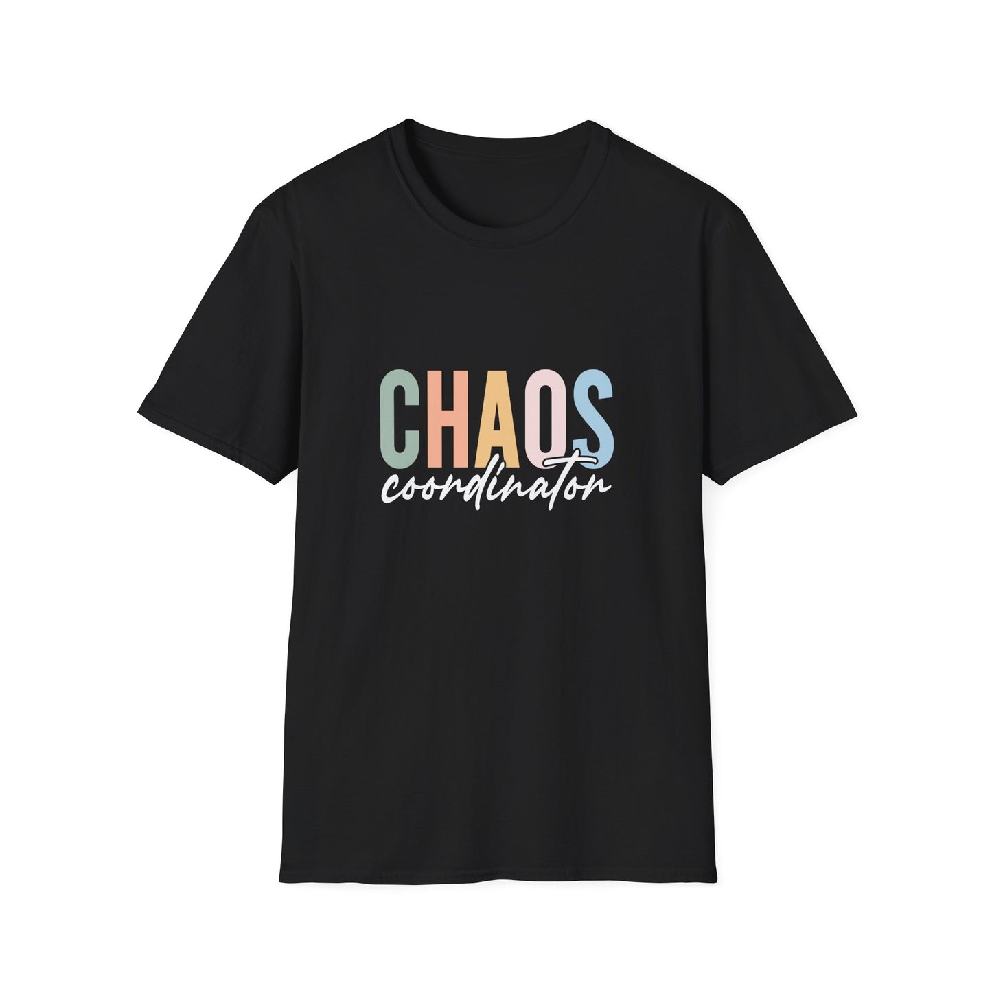 Black t-shirt with colorful 'CHAOS coordinator' text preliminary school teacher gift