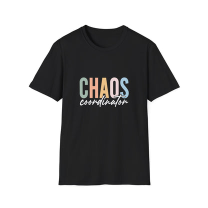 Black t-shirt with colorful 'CHAOS coordinator' text preliminary school teacher gift