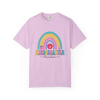 Orchid t-shirt with rainbow, pencil and apple design, labeled 'Kindergarten teacher' ideal gift for teacher appreciation