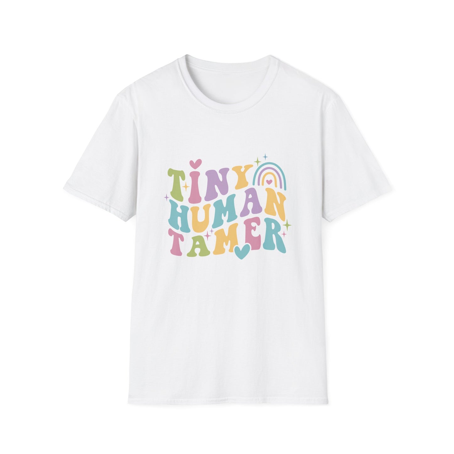 White t-shirt with text Tiny Human Tamer gift for Kindergarten teacher
