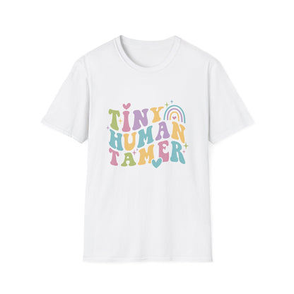 White t-shirt with text Tiny Human Tamer gift for Kindergarten teacher