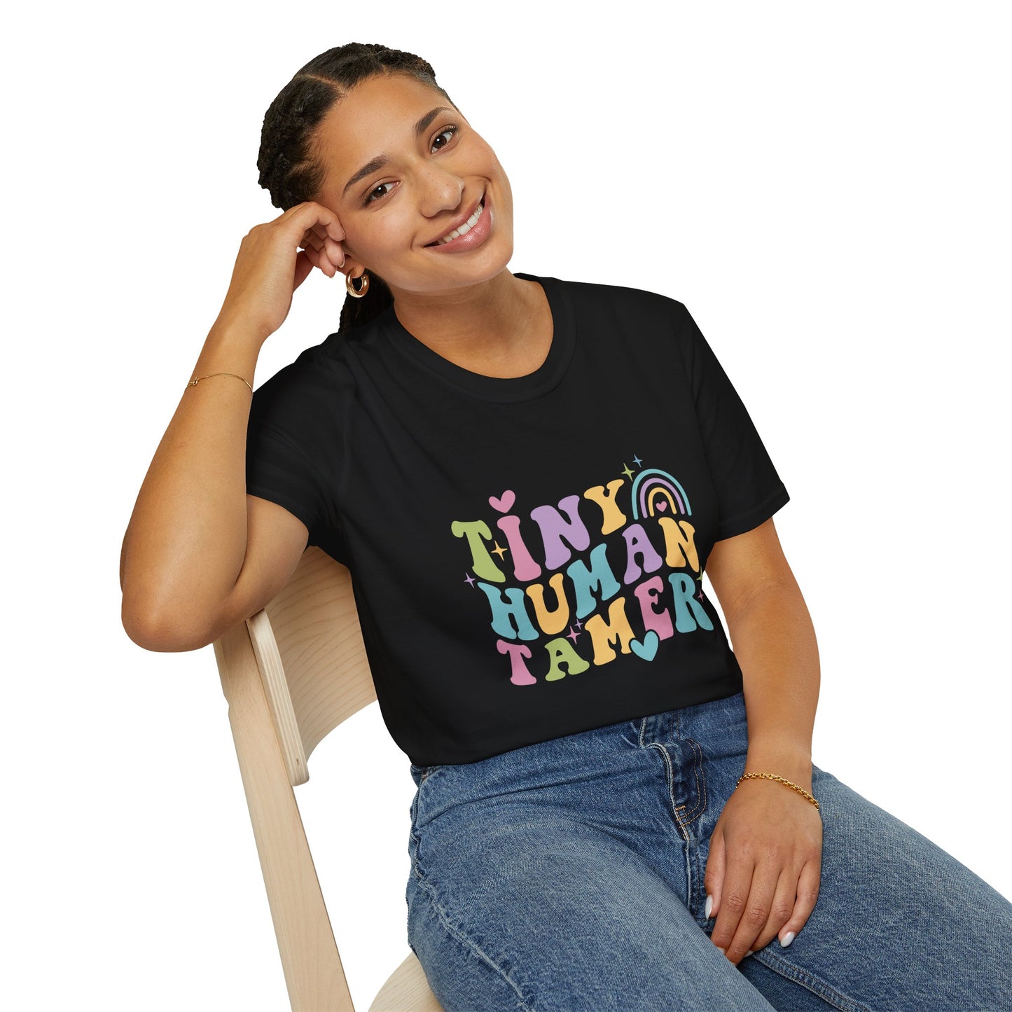 Black t-shirt with text Tiny Human Tamer gift for Kindergarten teacher