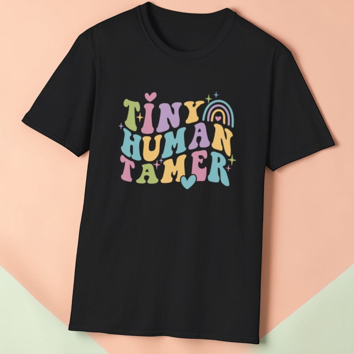 Black t-shirt with text Tiny Human Tamer gift for Kindergarten teacher