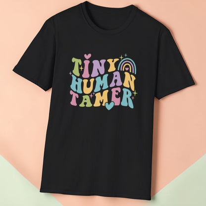 Black t-shirt with text Tiny Human Tamer gift for Kindergarten teacher